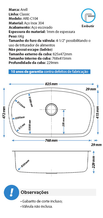 Cuba para Cozinha Retângular Linha Reta Inox 27x40x15cm 1mm Escovada - LR27  R10 - 01086116 - Mekal - padovani