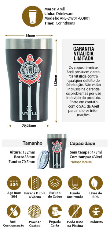 Copo Termico Preto Corinthians