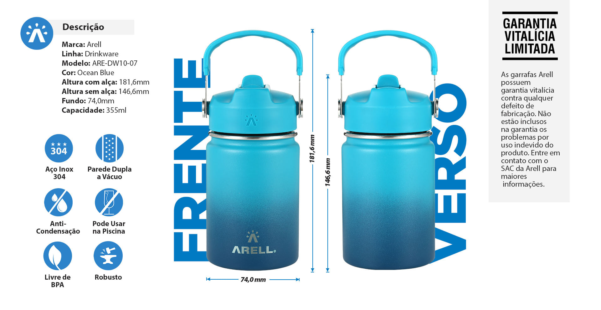 Garrafa Térmica Vácuo Straw Flask Arell 355ml  Ocean Blue
