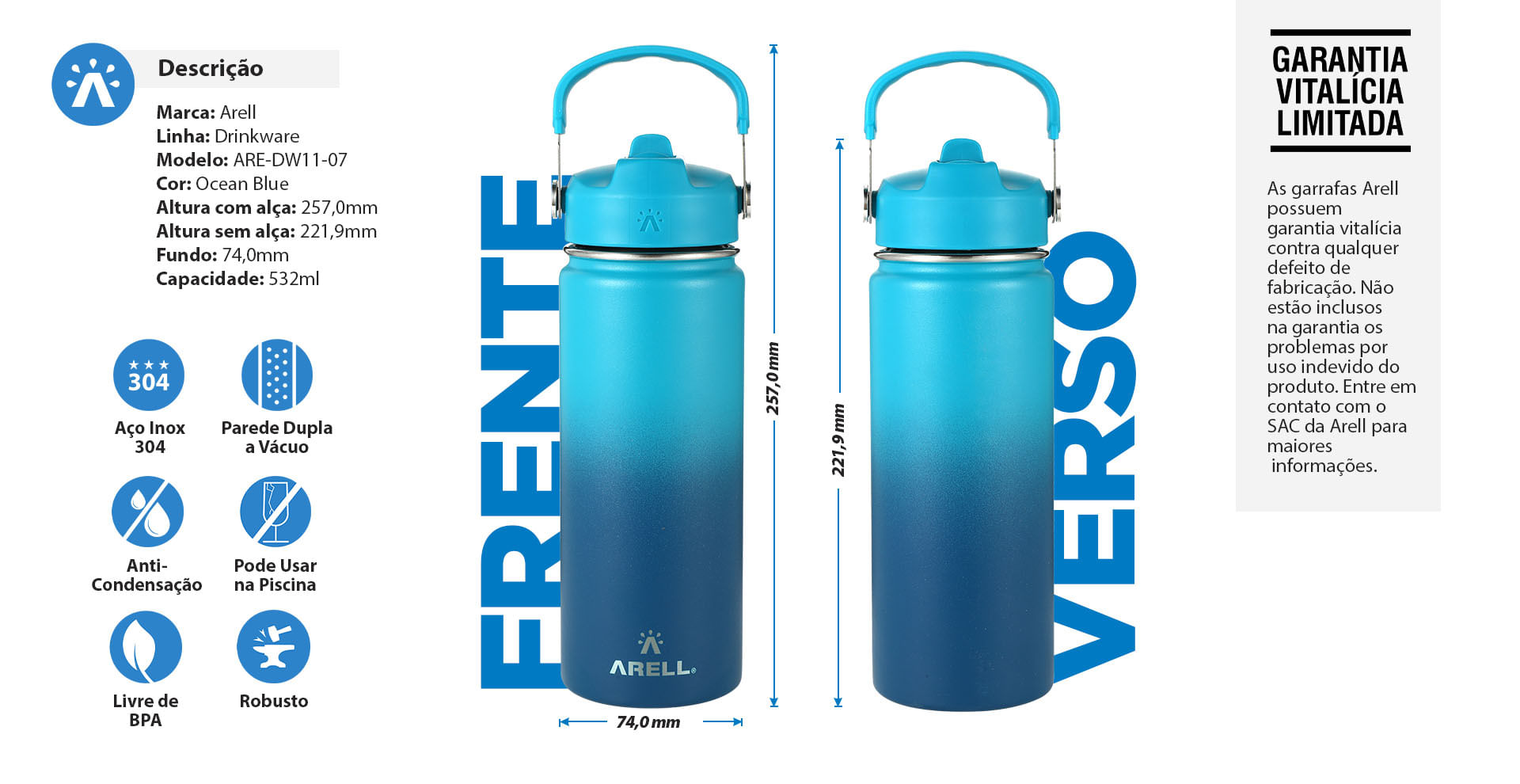 Garrafa Térmica Vácuo Straw Flask Arell 532ml  Ocean Blue